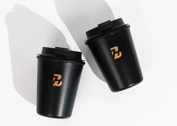 PP Double Wall Mug (350ml) Black colour with golden logo printing for hasbul brothers