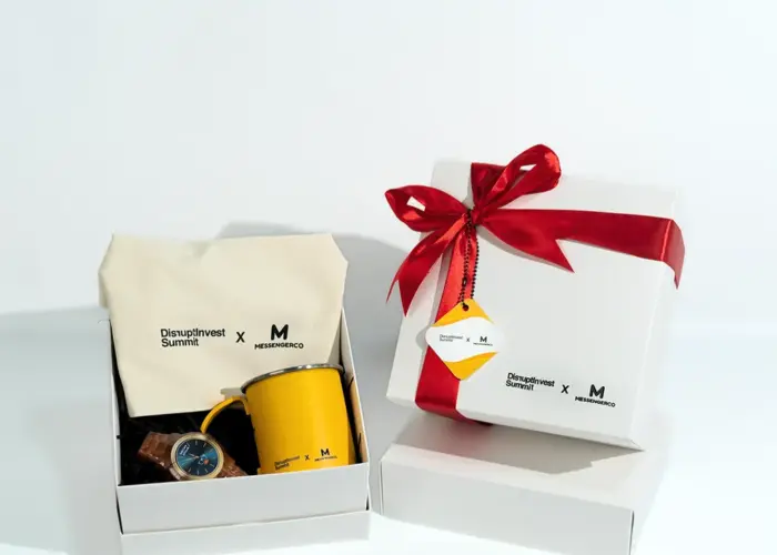 corporate gift box for vvip white box red ribbon yellow mug tote bag with logo and tag