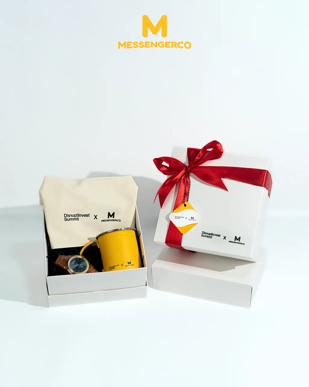 corporate gift box for vvip white box red ribbon yellow mug tote bag with logo and tag