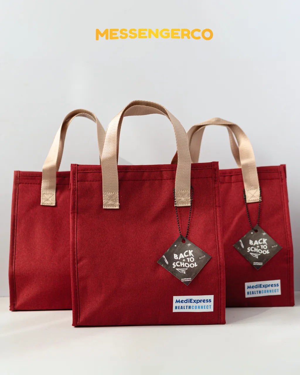 eco cooler lunch bag red colour with logo printed and gift tag